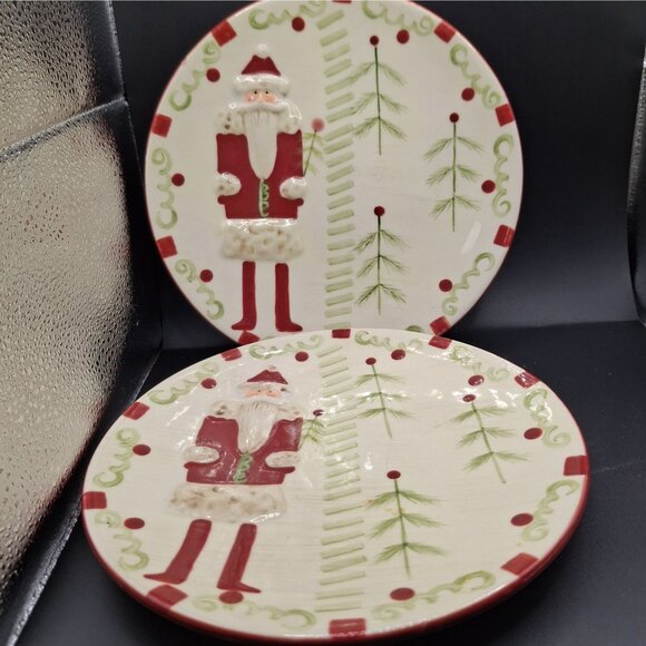 Set Of 2 Foreside Ceramic Christmas Plates Santa Pine Tree Design 8 inches - Picture 1 of 5
